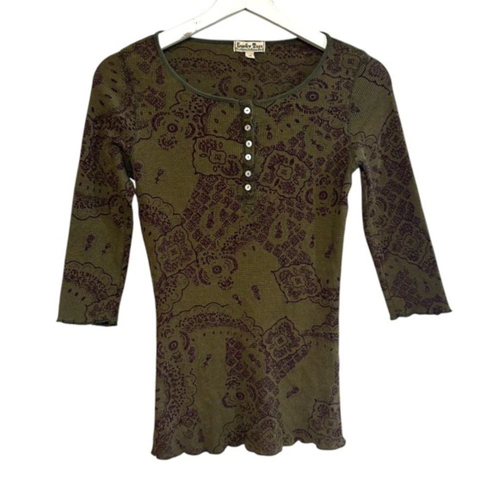 Vintage lucky brand XS waffle Henley paisley print 3/4 sleeve Made USA Pearl